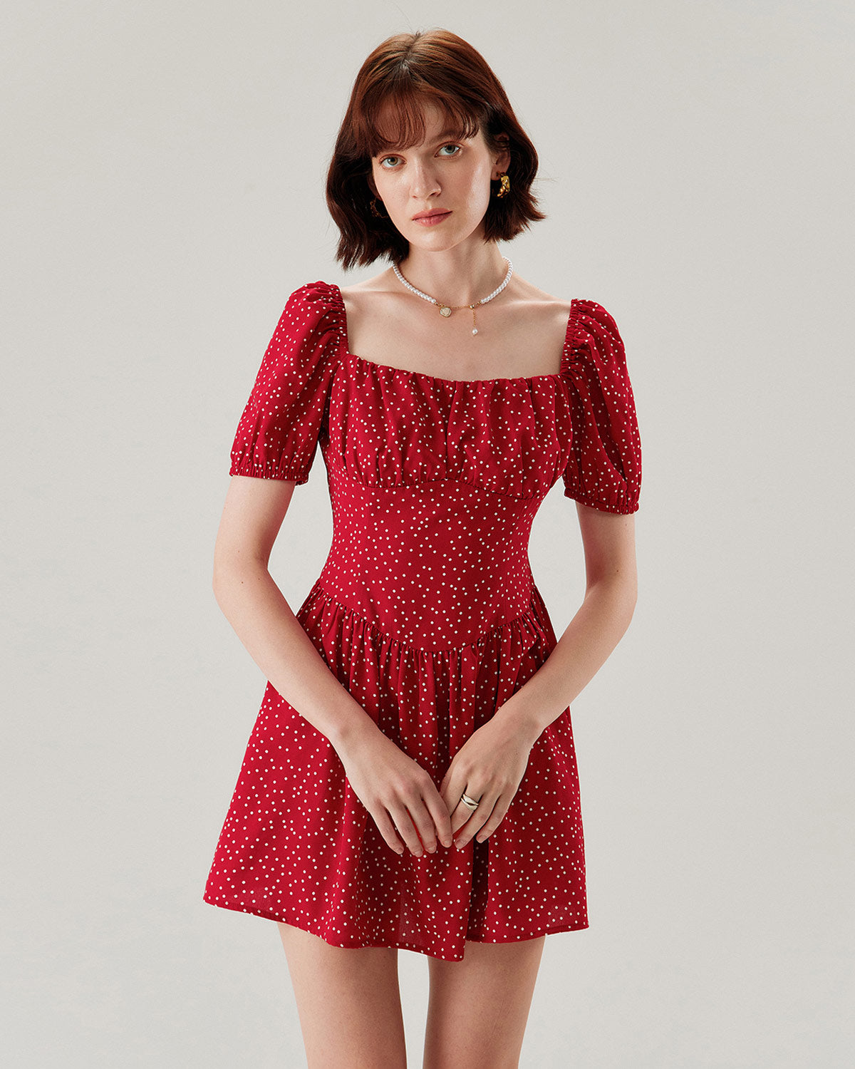 Red Polka Dot Square Neck Mini Dress - Threadford