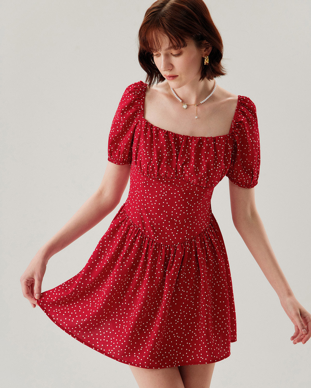 Red Polka Dot Square Neck Mini Dress - Threadford