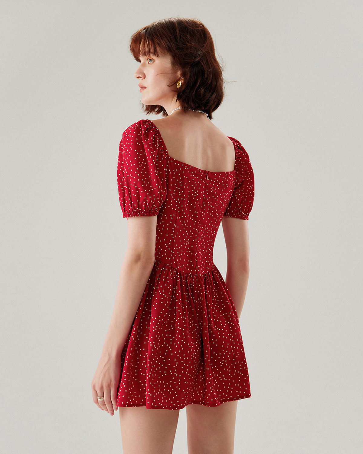 Red Polka Dot Square Neck Mini Dress - Threadford