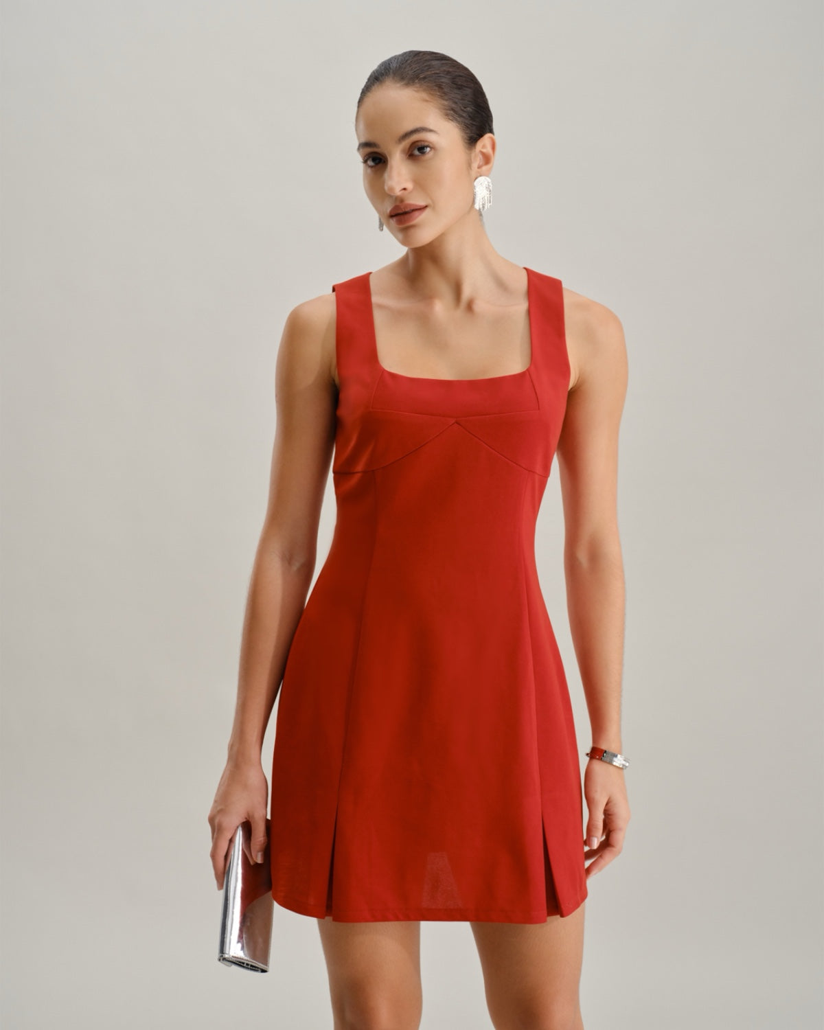 Red Square Neck A-Line Mini Dress - Threadford