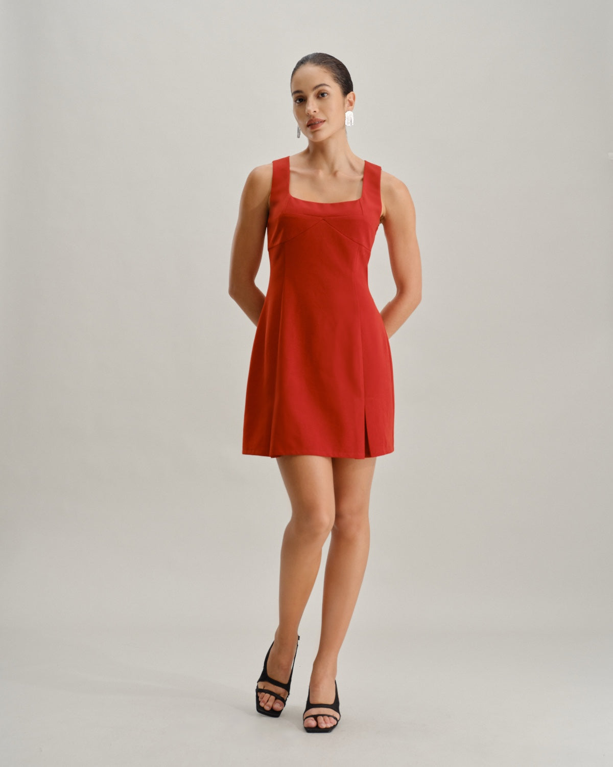 Red Square Neck A-Line Mini Dress - Threadford