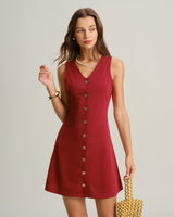 Red V Neck Sleeveless Mini Dress - Threadford