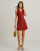 Red V Neck Sleeveless Mini Dress - Threadford