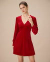 Red Velvet Puffed Sleeve A-Line Mini Dress - Threadford