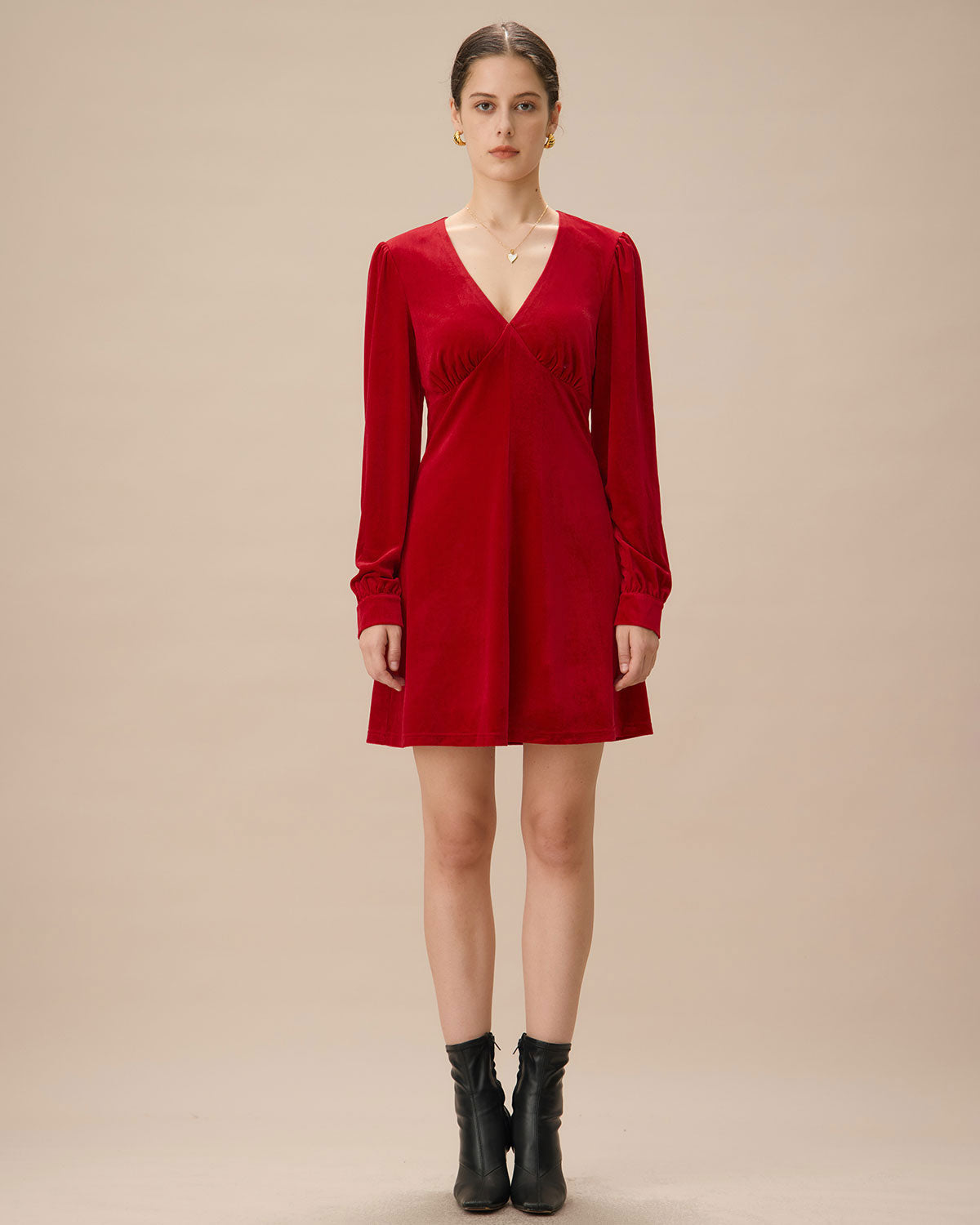 Red Velvet Puffed Sleeve A-Line Mini Dress - Threadford