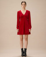 Red Velvet Puffed Sleeve A-Line Mini Dress - Threadford