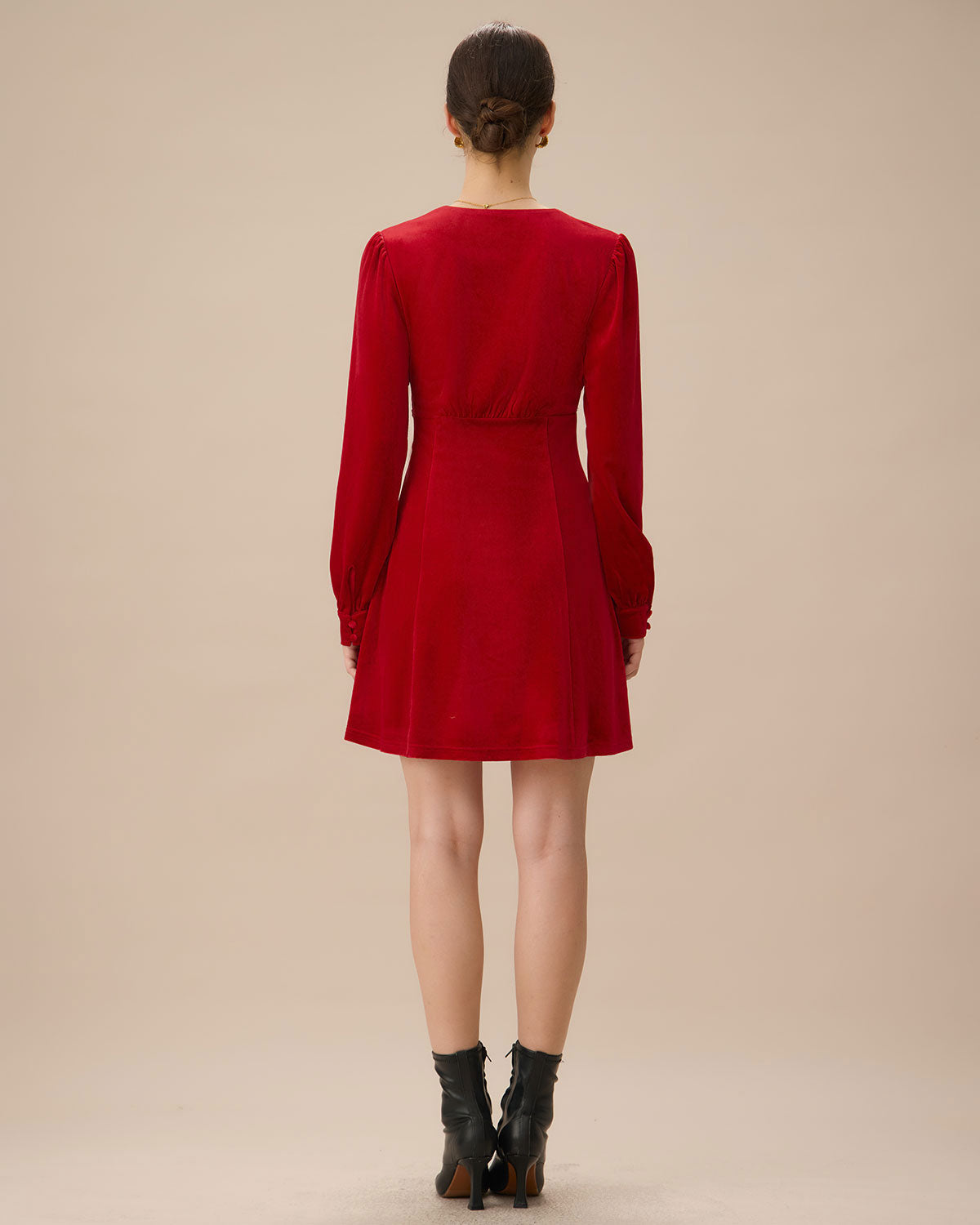 Red Velvet Puffed Sleeve A-Line Mini Dress - Threadford