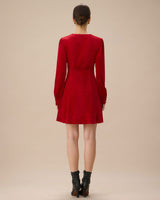 Red Velvet Puffed Sleeve A-Line Mini Dress - Threadford