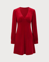 Red Velvet Puffed Sleeve A-Line Mini Dress - Threadford
