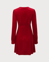 Red Velvet Puffed Sleeve A-Line Mini Dress - Threadford