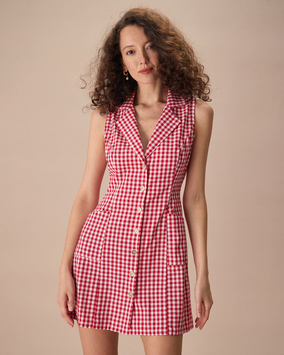 The Lapel Plaid Sleeveless Cotton Pocket Mini Dress - Threadford
