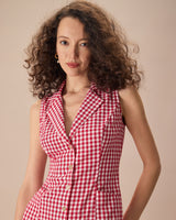 The Lapel Plaid Sleeveless Cotton Pocket Mini Dress - Threadford