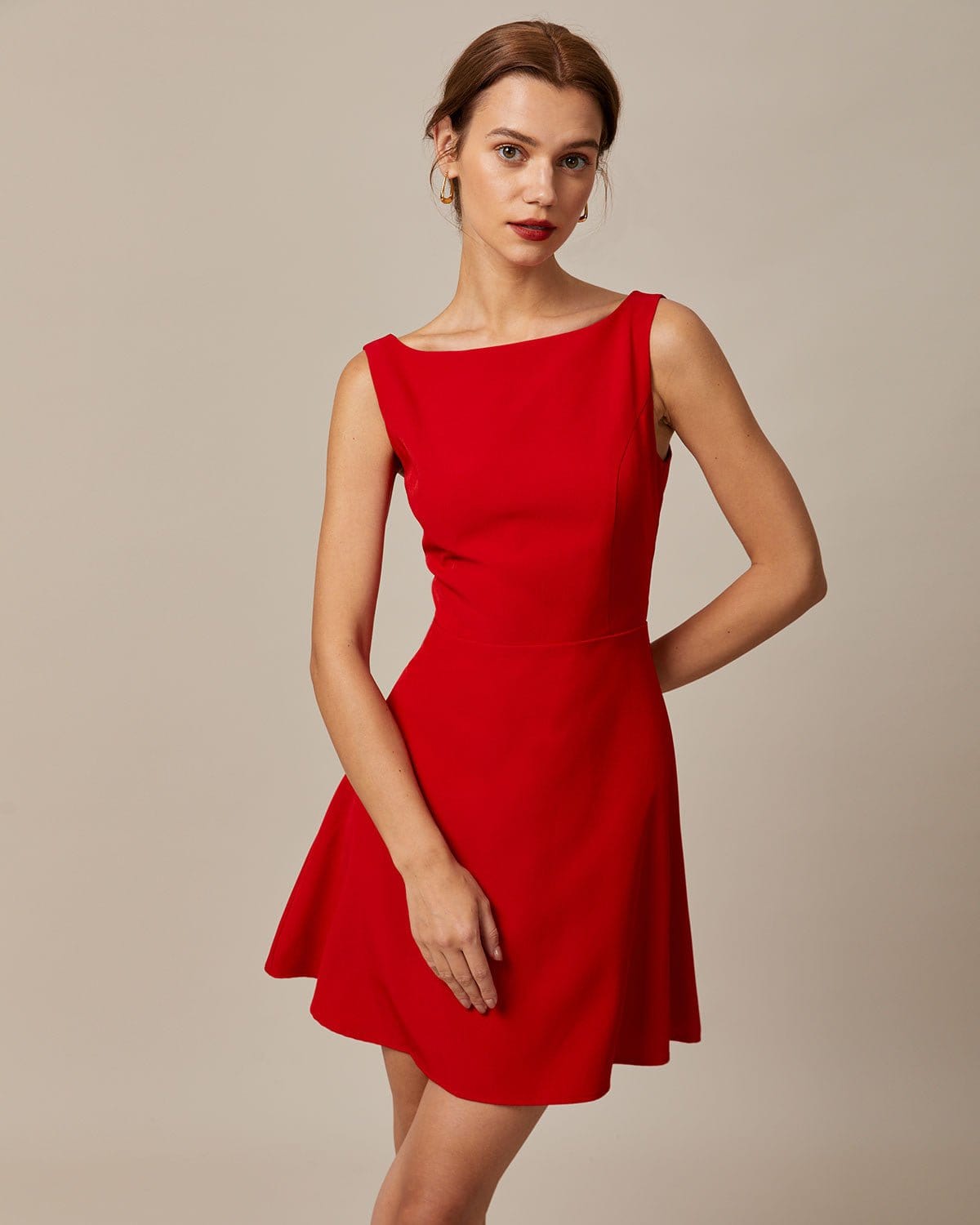The Red Boat Neck High Waisted Mini Dress - Threadford