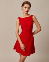 The Red Boat Neck High Waisted Mini Dress - Threadford