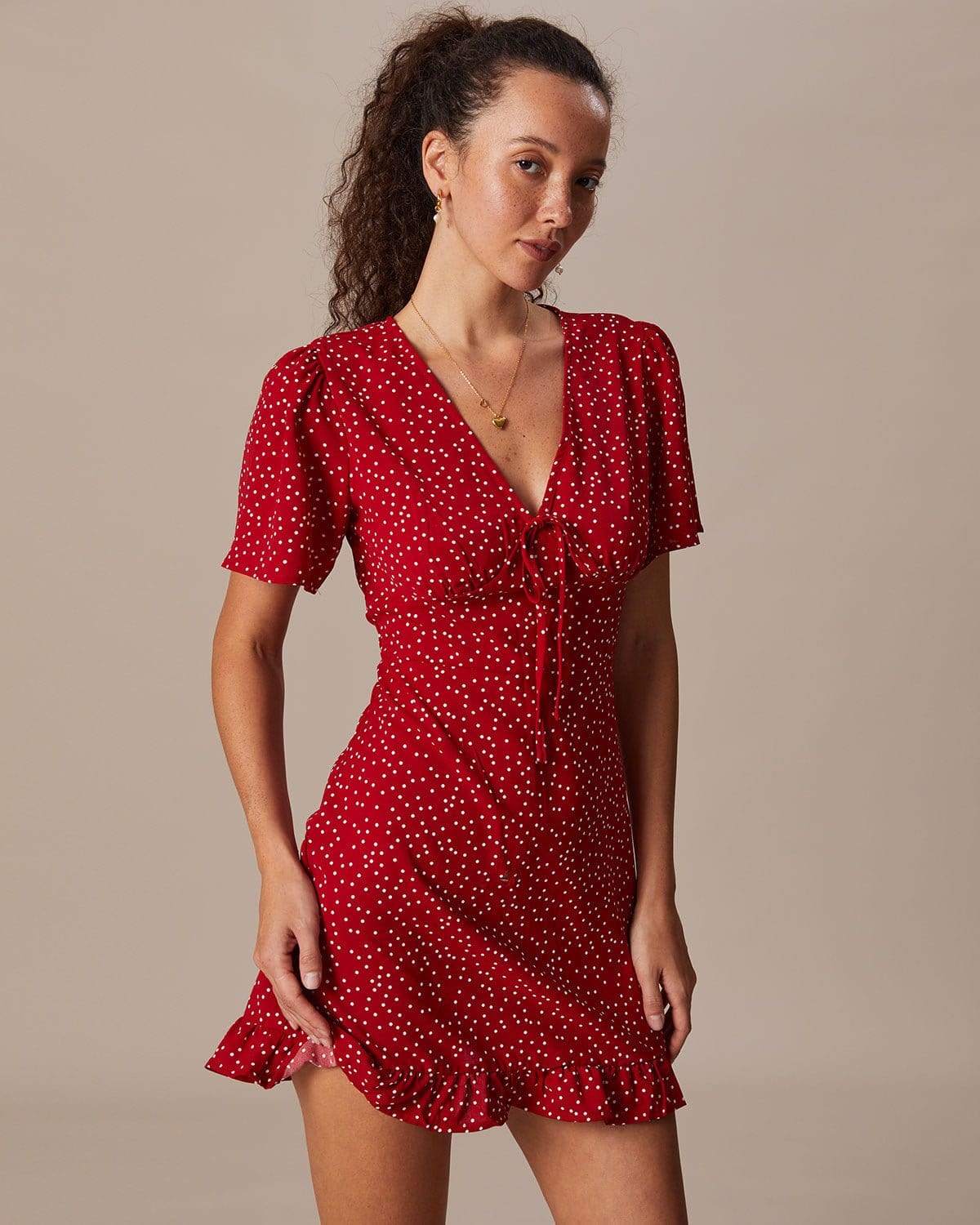 The Red V Neck Polka Dot Flounce Mini Dress - Threadford