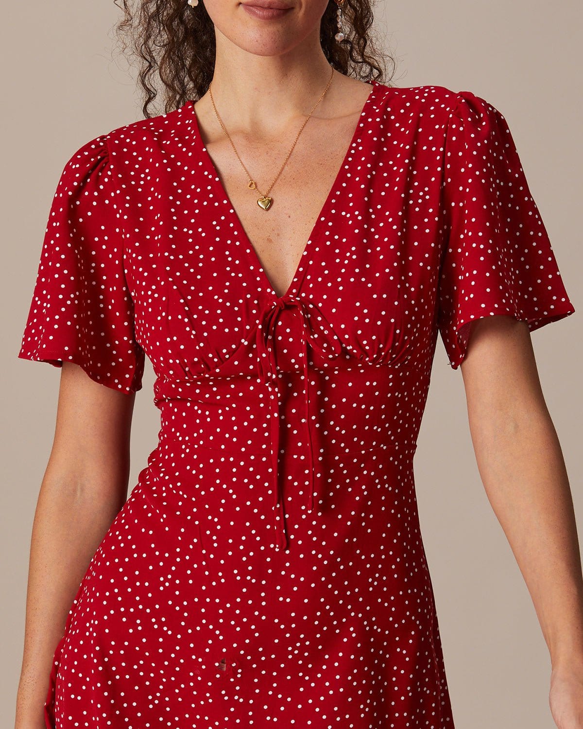 The Red V Neck Polka Dot Flounce Mini Dress - Threadford