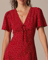 The Red V Neck Polka Dot Flounce Mini Dress - Threadford