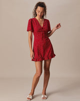 The Red V Neck Polka Dot Flounce Mini Dress - Threadford