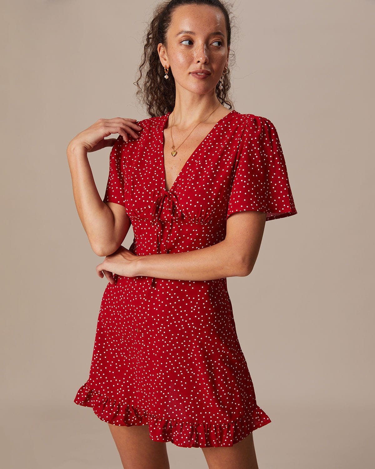 The Red V Neck Polka Dot Flounce Mini Dress - Threadford