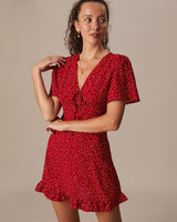 The Red V Neck Polka Dot Flounce Mini Dress - Threadford