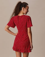 The Red V Neck Polka Dot Flounce Mini Dress - Threadford