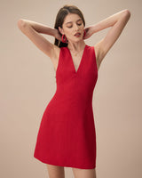 The Red V Neck Sleeveless Linen Mini Dress - Threadford