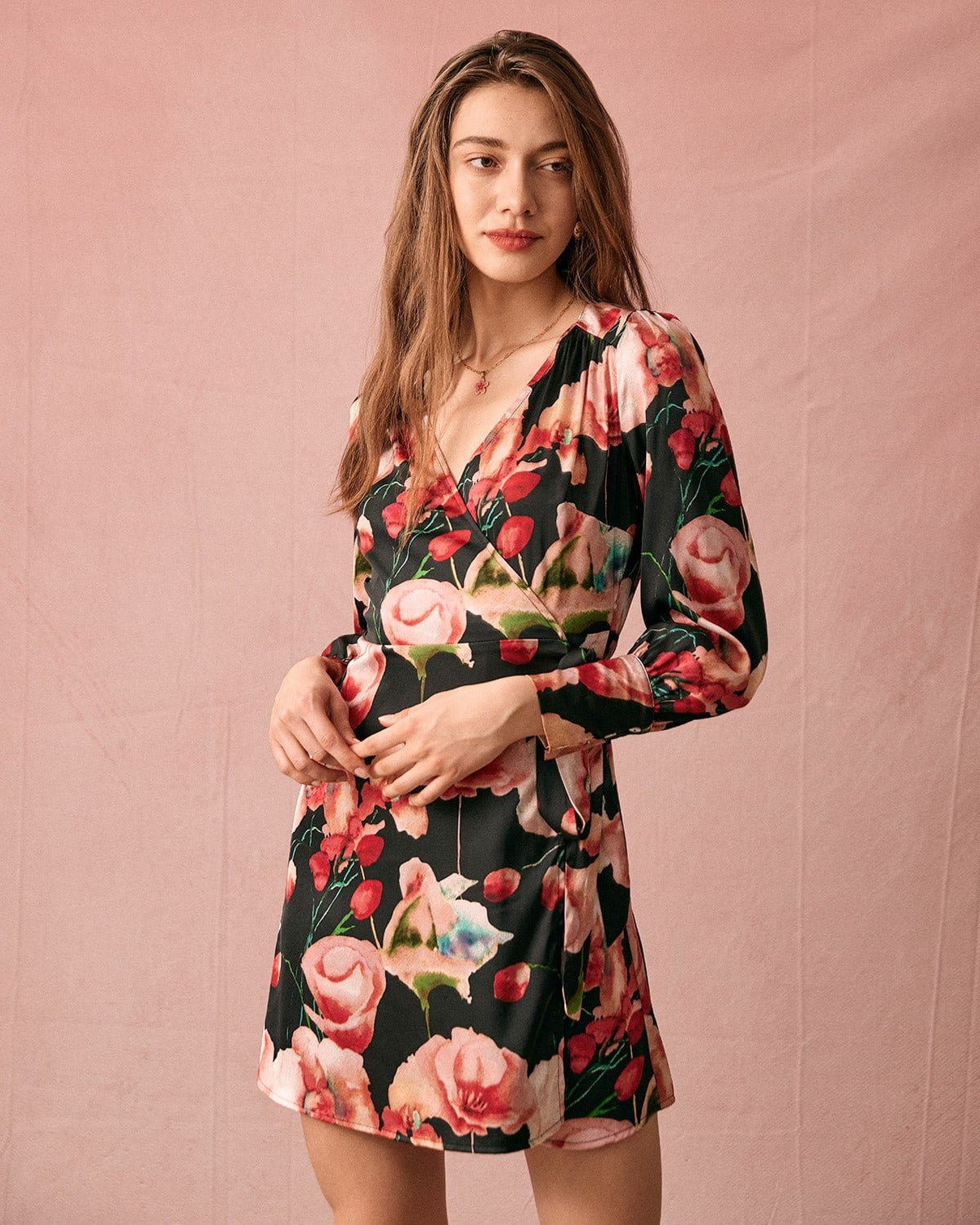 The V Neck Long Sleeve Floral Wrap Mini Dress - Threadford