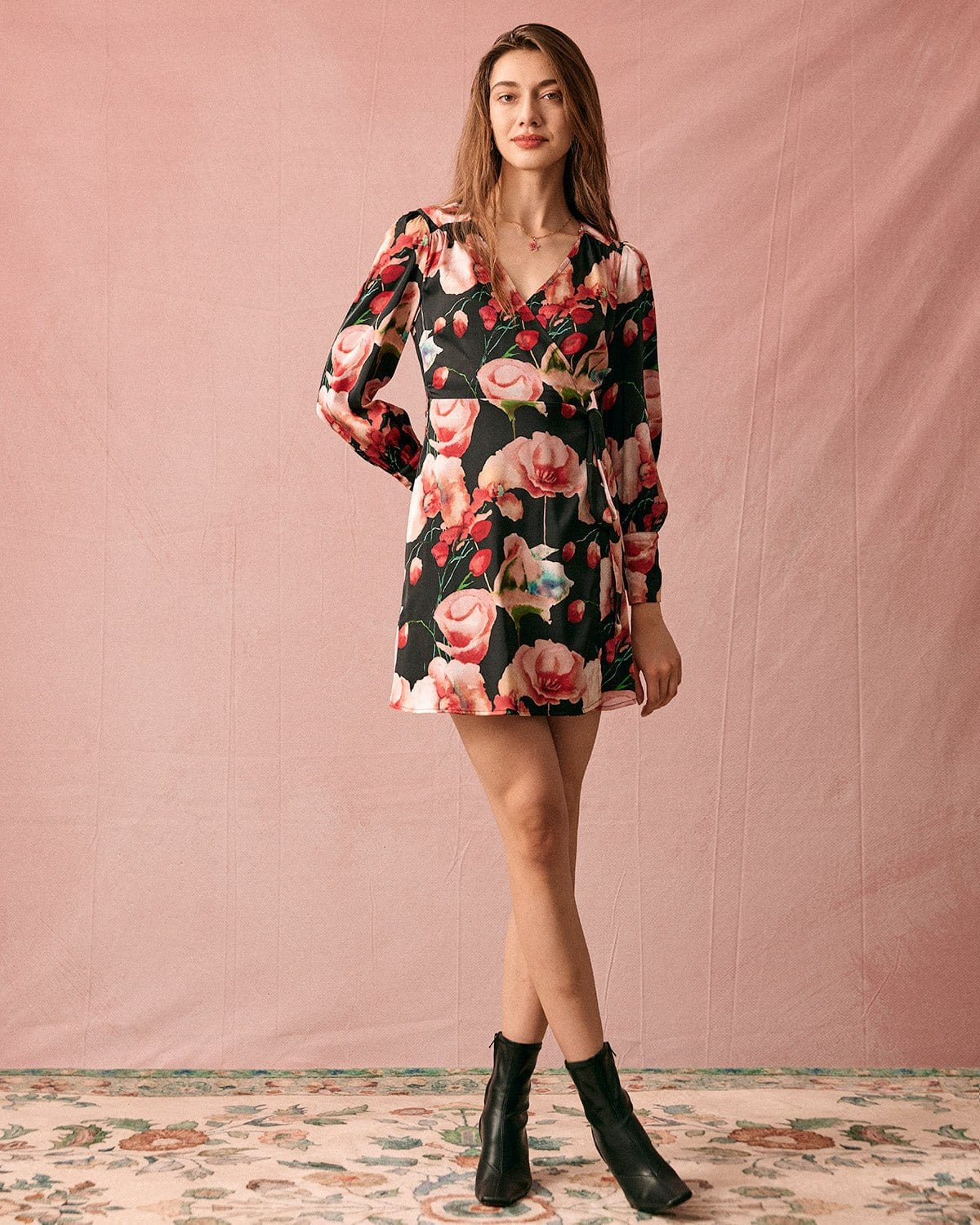 The V Neck Long Sleeve Floral Wrap Mini Dress - Threadford