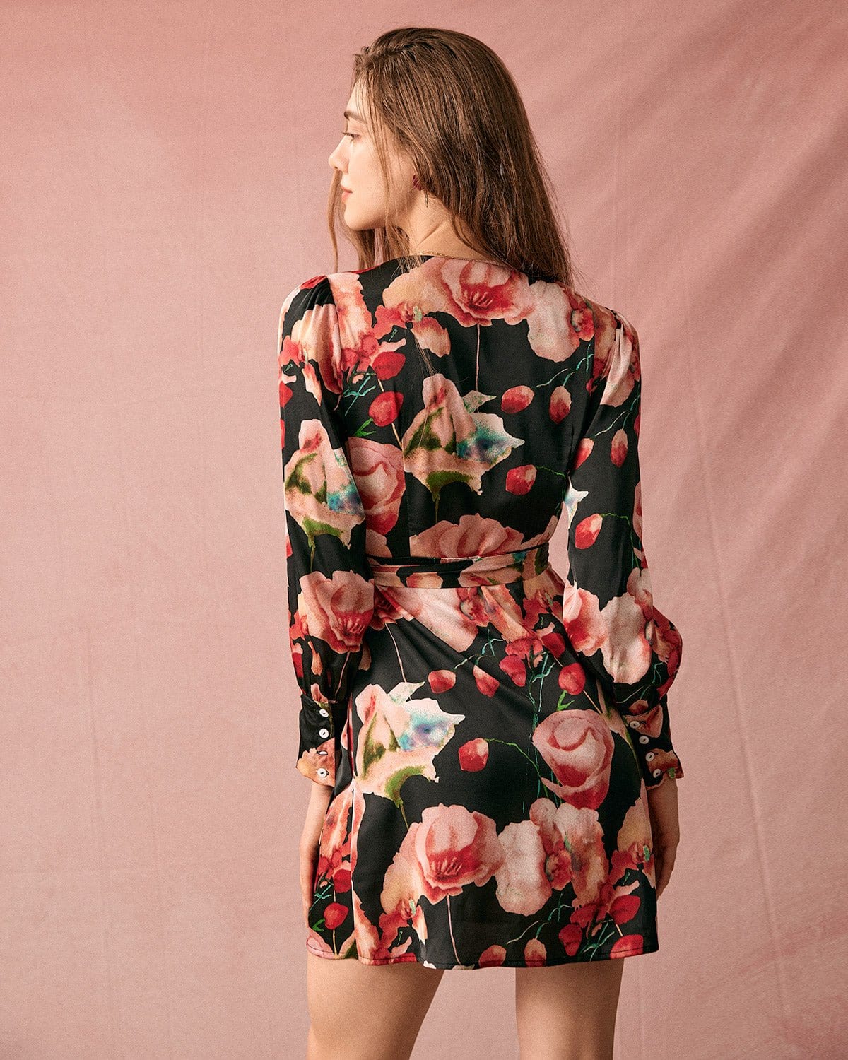 The V Neck Long Sleeve Floral Wrap Mini Dress - Threadford