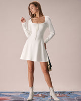 The White Square Neck Sweater Mini Dress - Threadford