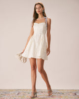 The Off White Jacquard Tie Strap Mini Dress - Threadford