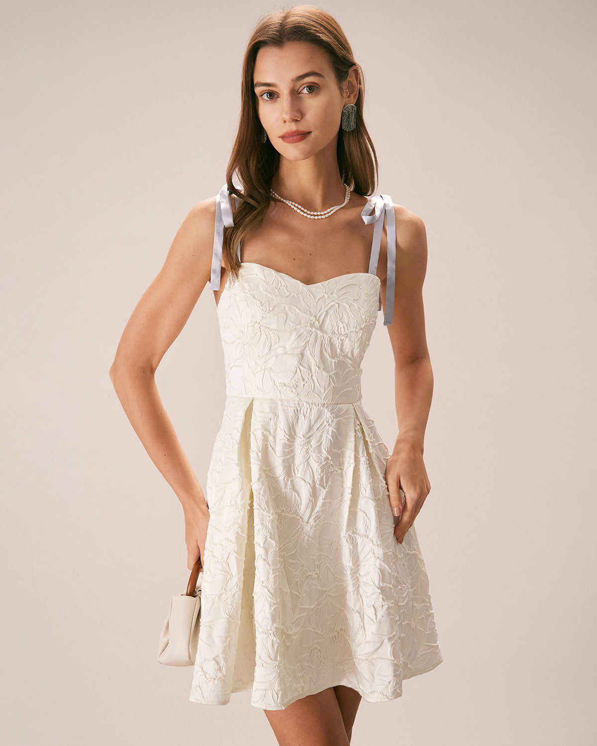 The Off White Jacquard Tie Strap Mini Dress - Threadford