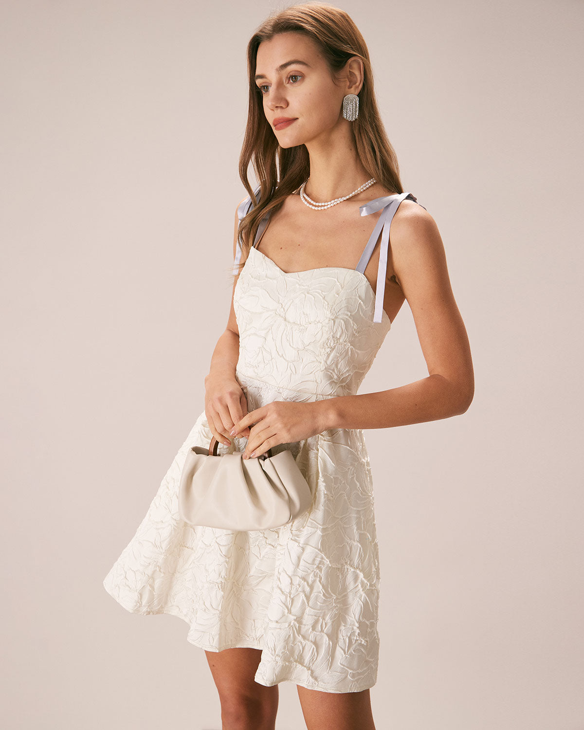 The Off White Jacquard Tie Strap Mini Dress - Threadford
