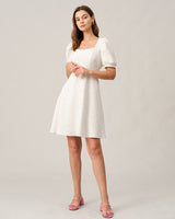 The Solid Textured Puff Sleeve Mini Dress - Threadford