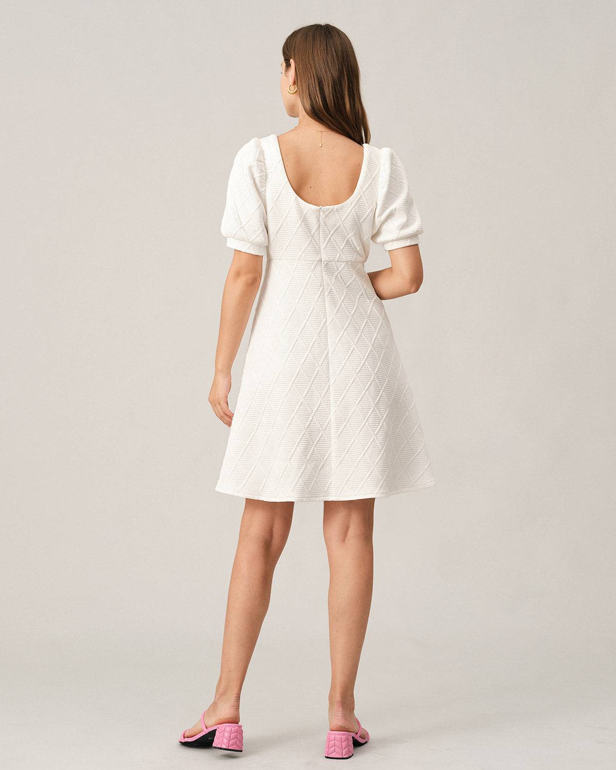 The Solid Textured Puff Sleeve Mini Dress - Threadford
