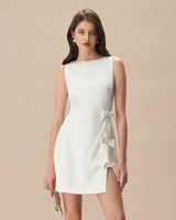 The White Boat Neck Bowknot Satin Mini Dress - Threadford