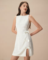 The White Boat Neck Bowknot Satin Mini Dress - Threadford