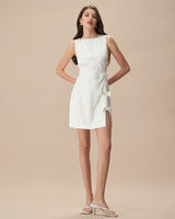 The White Boat Neck Bowknot Satin Mini Dress - Threadford