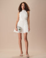 The White Mock Neck Tie-Back Mini Dress - Threadford