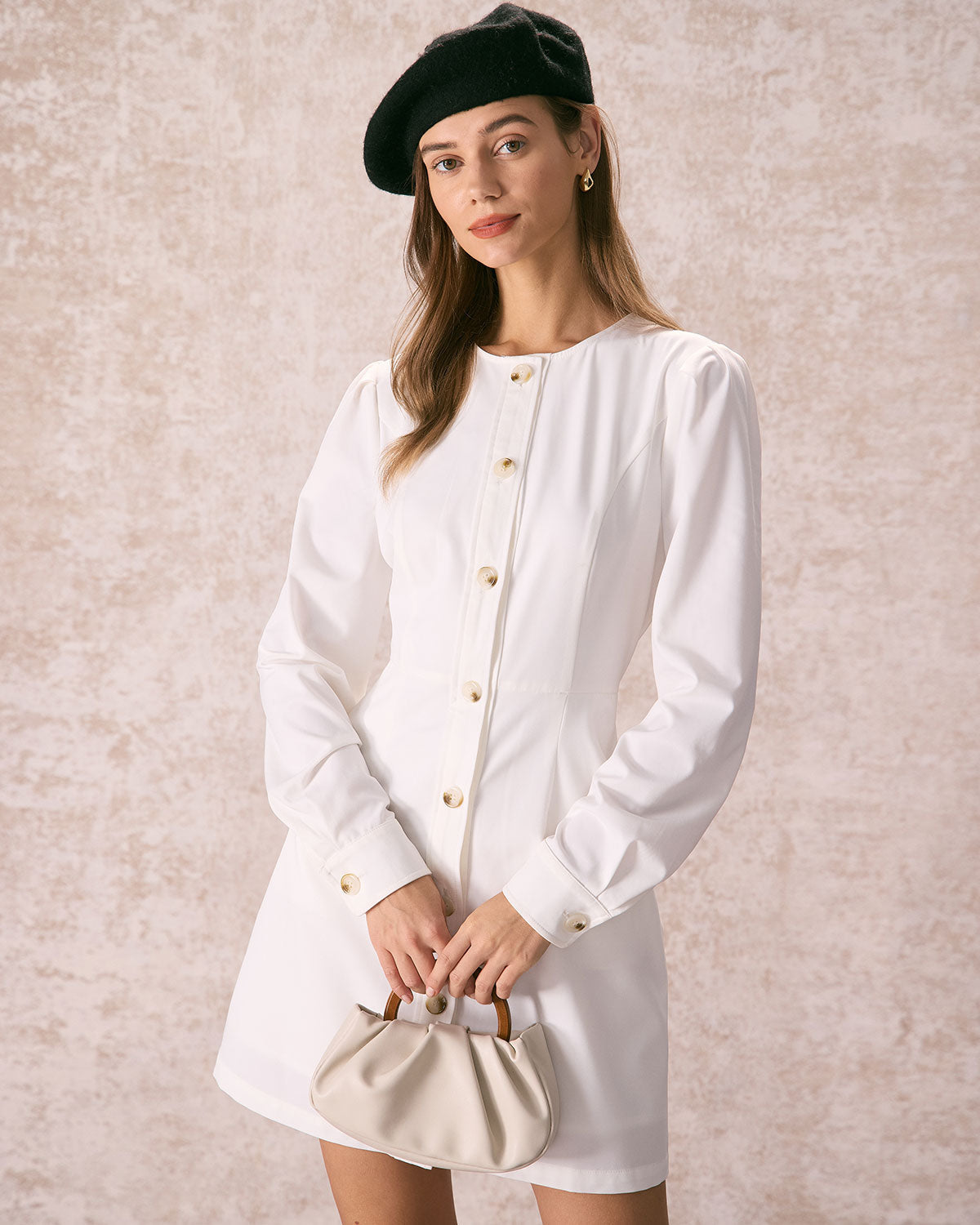 The White Round Neck Button Mini Dress - Threadford