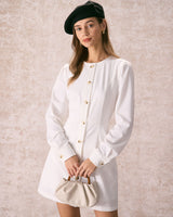 The White Round Neck Button Mini Dress - Threadford