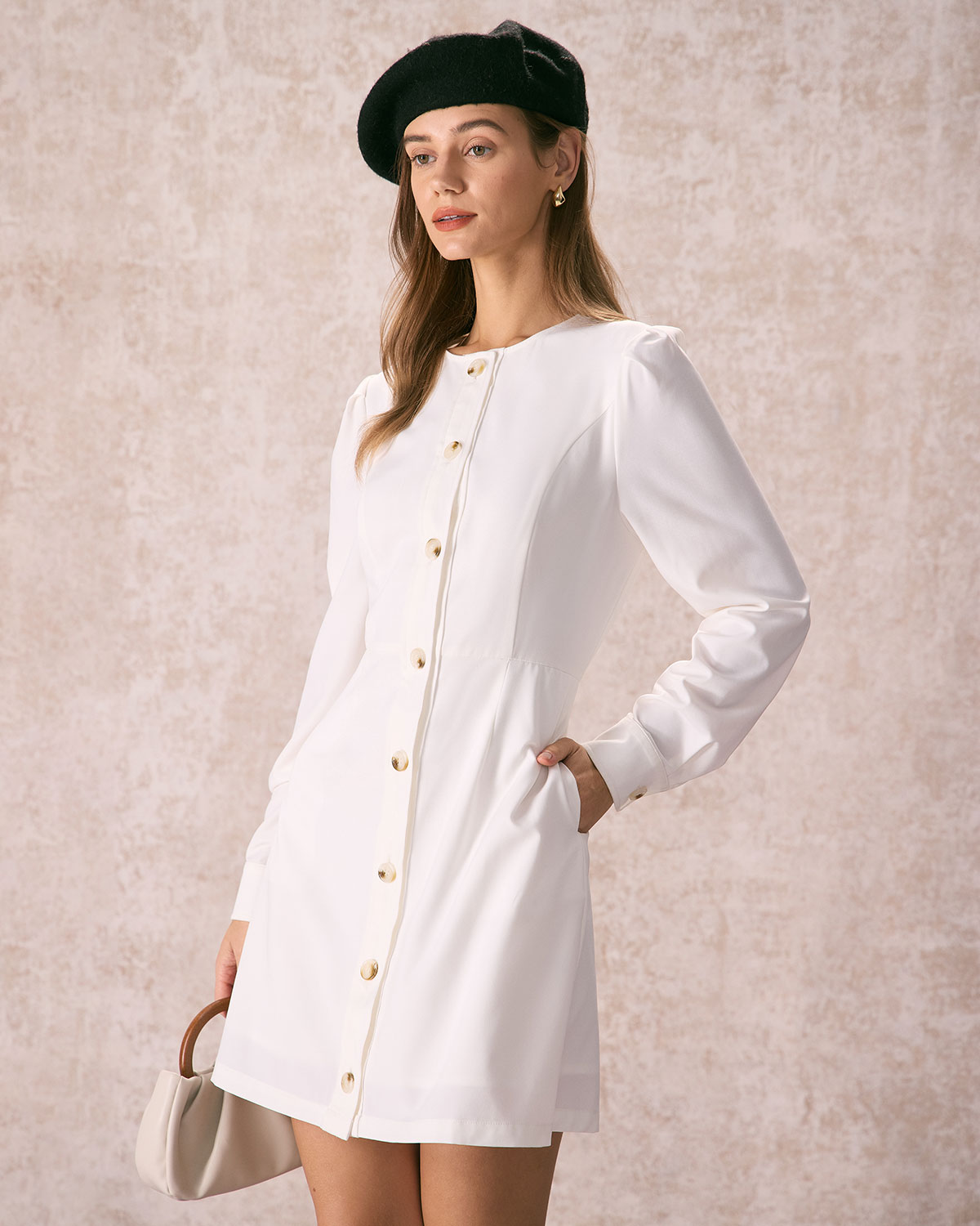 The White Round Neck Button Mini Dress - Threadford