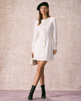 The White Round Neck Button Mini Dress - Threadford