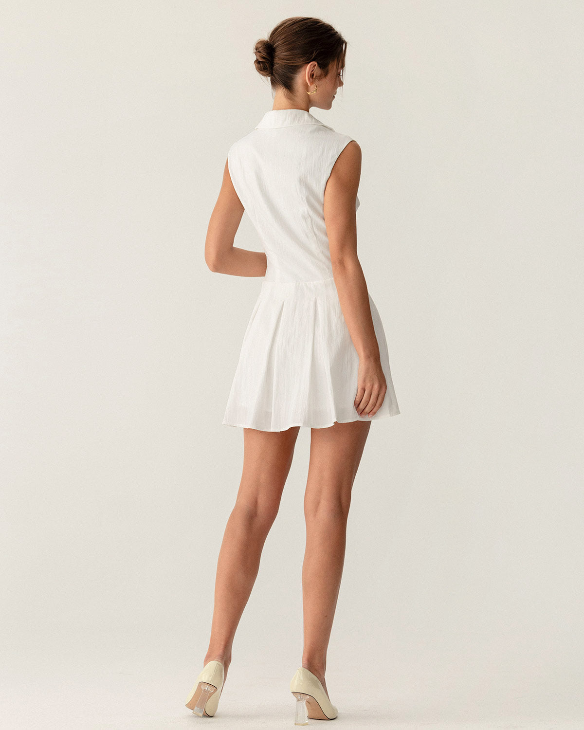 White Button A-Line Sleeveless Mini Dress - Threadford