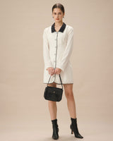 White Contrasting Button-Up Mini Dress - Threadford