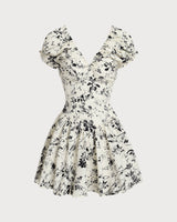 White Floral Ruched V Neck Mini Dress - Threadford