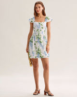 White Floral Square Neck Mini Dress - Threadford