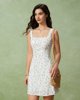 White Floral Square Neck Slip Mini Dress - Threadford