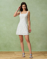 White Floral Square Neck Slip Mini Dress - Threadford