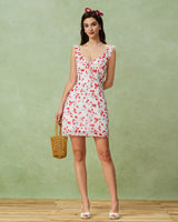 White Floral V Neck Ruffle Mini Dress - Threadford